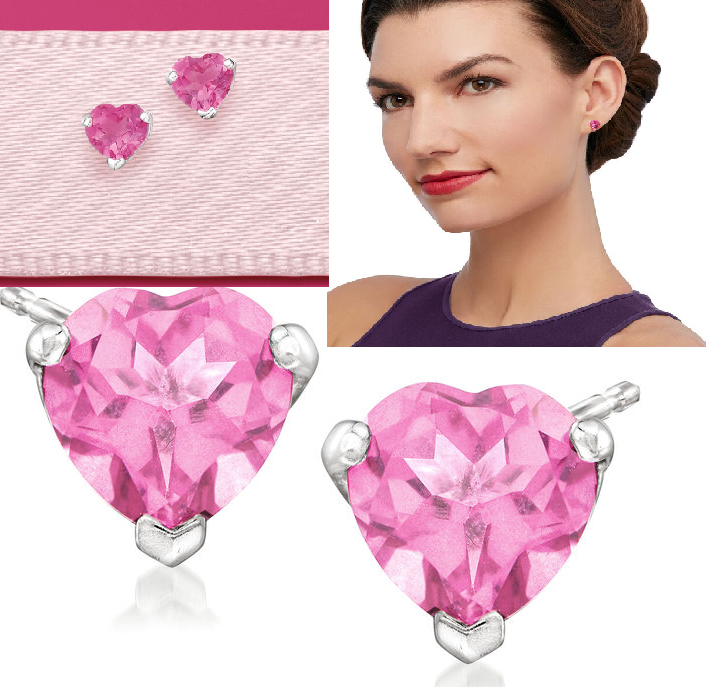 Pink Topaz Heart Stud Earrings in Sterling Silver Jewelry